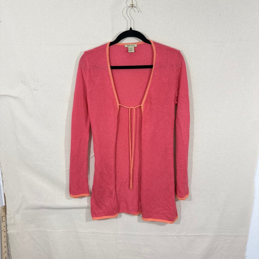 Khaki Sport Pink Orange Trim Tie Front Knit Cardigan Sweater Womens Medium